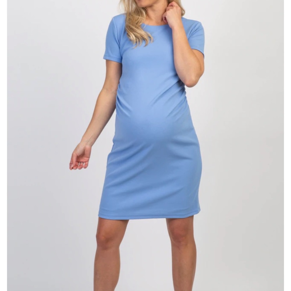 Pinkblush Blue Solid Ruched Fitted Maternity Dress